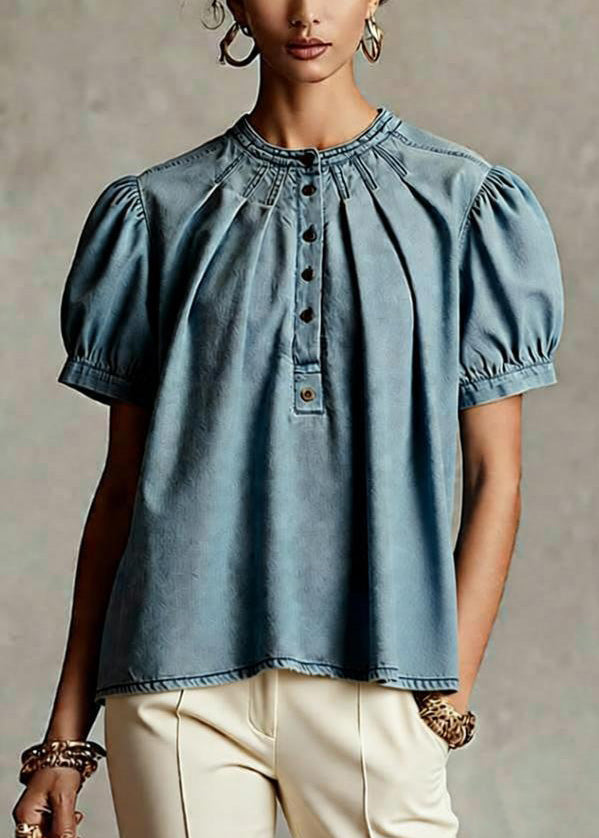 Women Light Blue O Neck Wrinkled Denim Top Short Sleeve