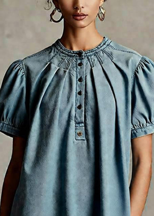 Women Light Blue O Neck Wrinkled Denim Top Short Sleeve