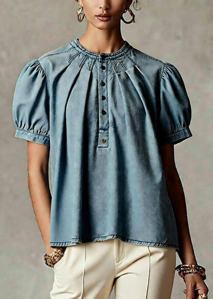 Women Light Blue O Neck Wrinkled Denim Top Short Sleeve