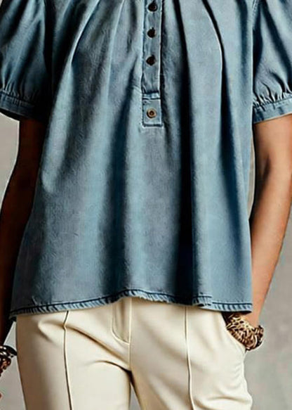 Women Light Blue O Neck Wrinkled Denim Top Short Sleeve