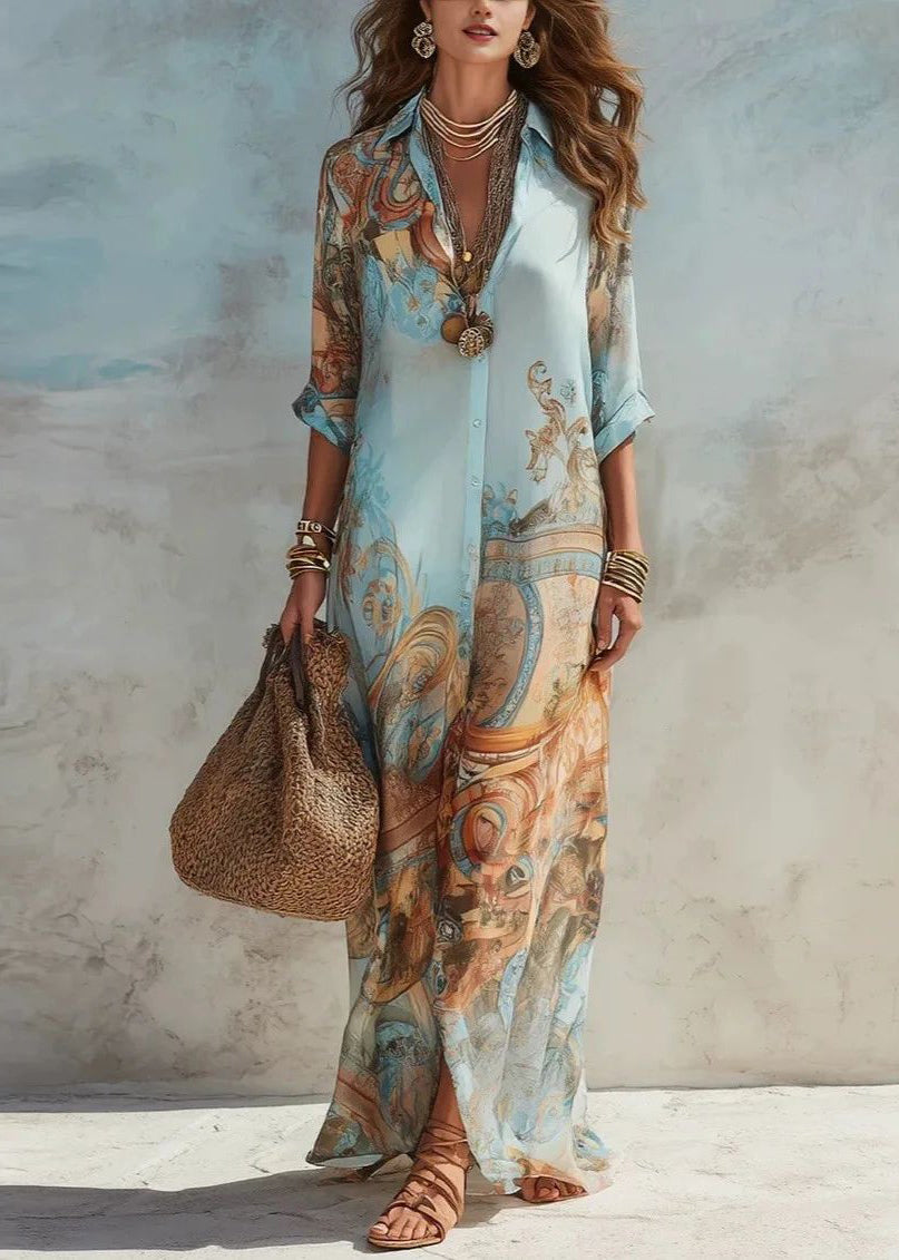 Women Light Blue Peter Pan Collar Print Chiffon Maxi Dress Summer