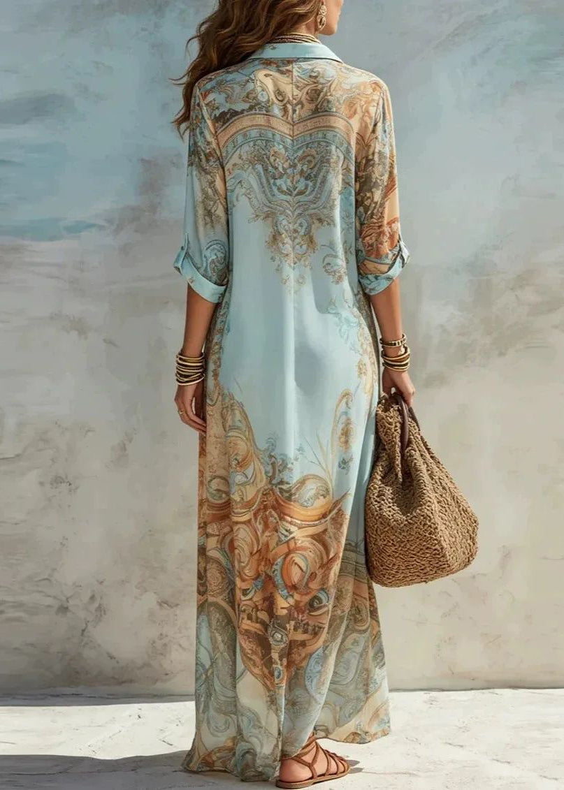 Women Light Blue Peter Pan Collar Print Chiffon Maxi Dress Summer