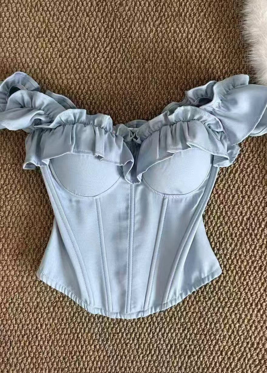 Women Light Blue Ruffled Fish Bones Cotton Bustier Top Summer