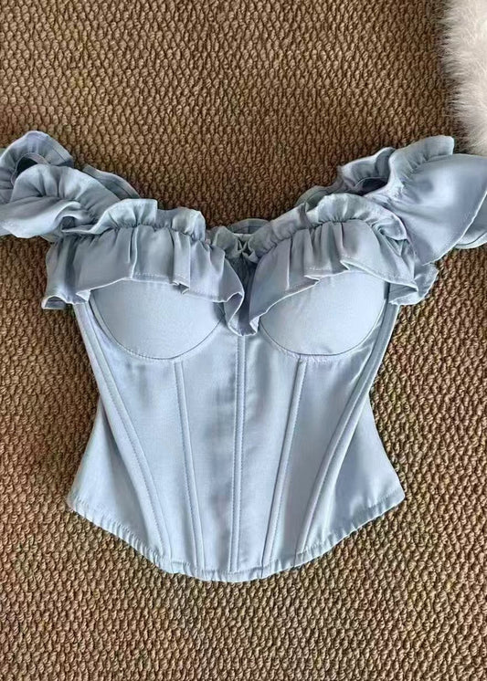 Women Light Blue Ruffled Fish Bones Cotton Bustier Top Summer