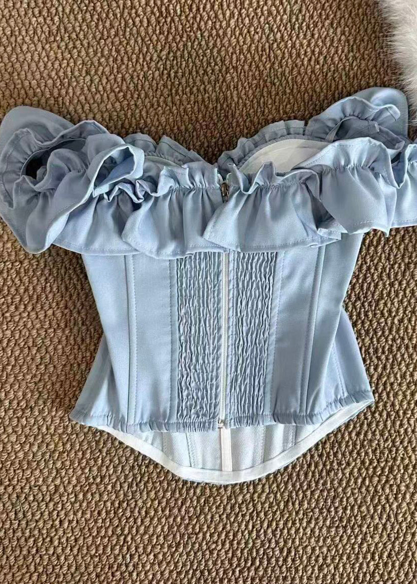 Women Light Blue Ruffled Fish Bones Cotton Bustier Top Summer