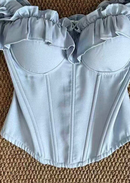 Women Light Blue Ruffled Fish Bones Cotton Bustier Top Summer