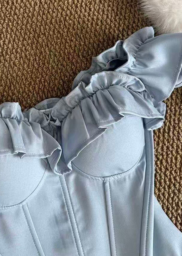 Women Light Blue Ruffled Fish Bones Cotton Bustier Top Summer