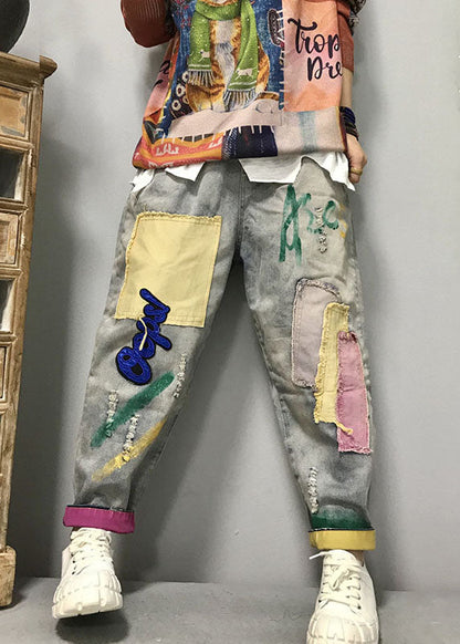 Frauen Hellblau mode patch applique denim Hosen Frühling