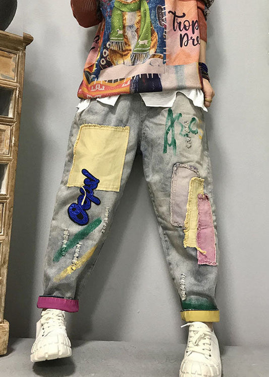 Frauen Hellblau mode patch applique denim Hosen Frühling