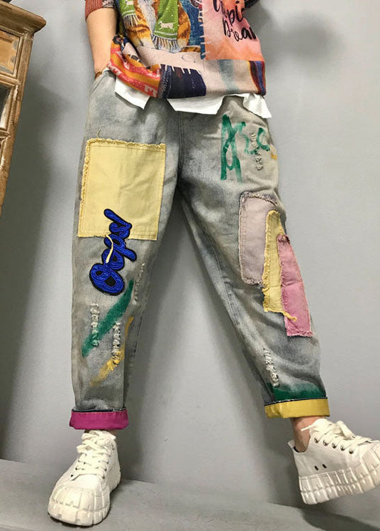 Frauen Hellblau mode patch applique denim Hosen Frühling