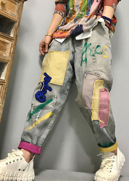 Frauen Hellblau mode patch applique denim Hosen Frühling