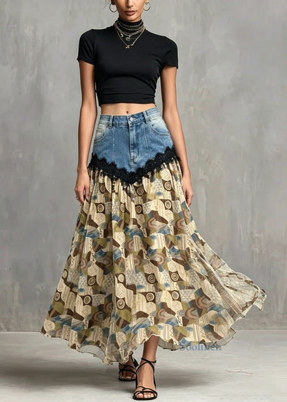 Women Light Brown Print Denim Lace Patchwork Cotton Skirts Summer