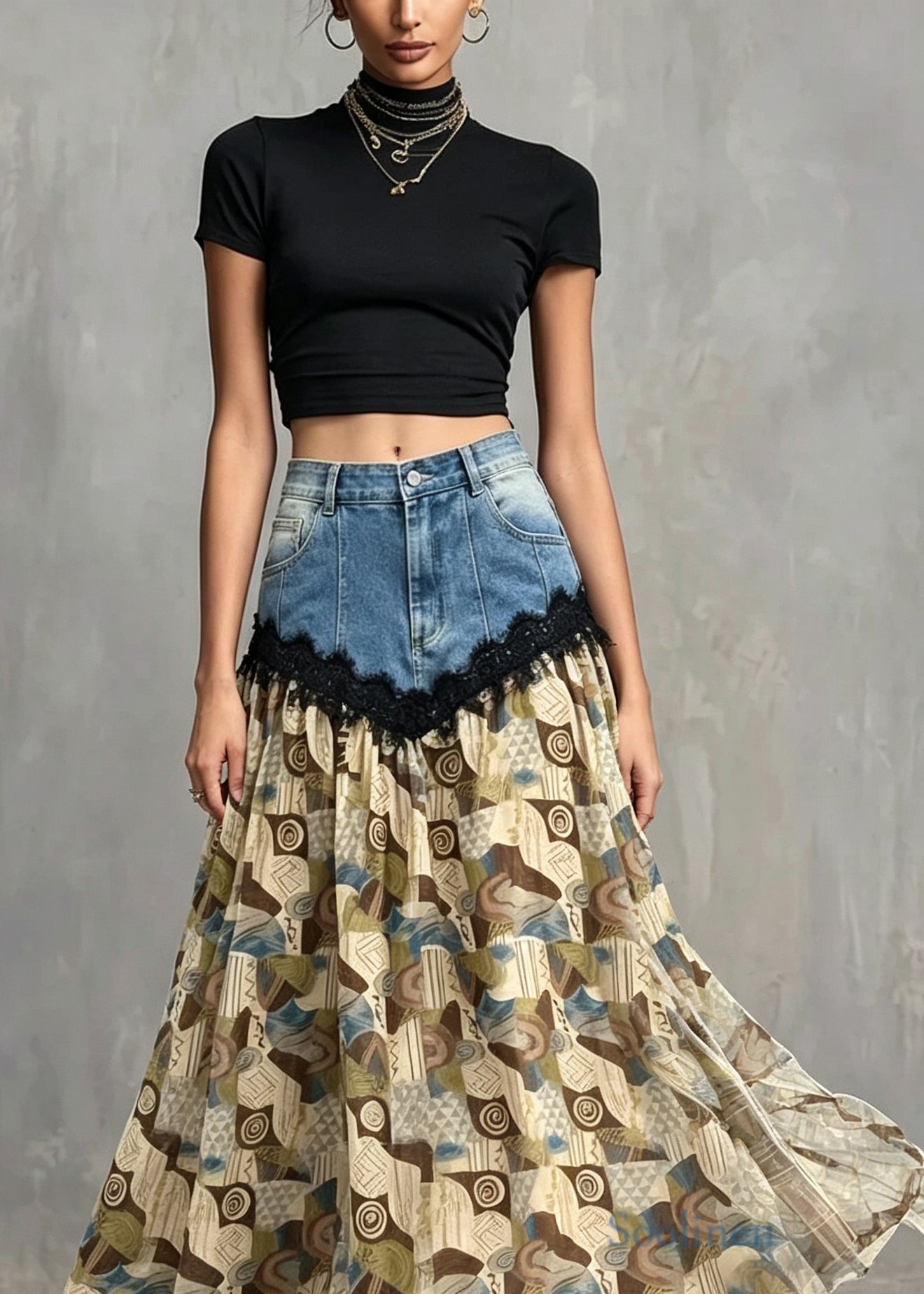 Women Light Brown Print Denim Lace Patchwork Cotton Skirts Summer