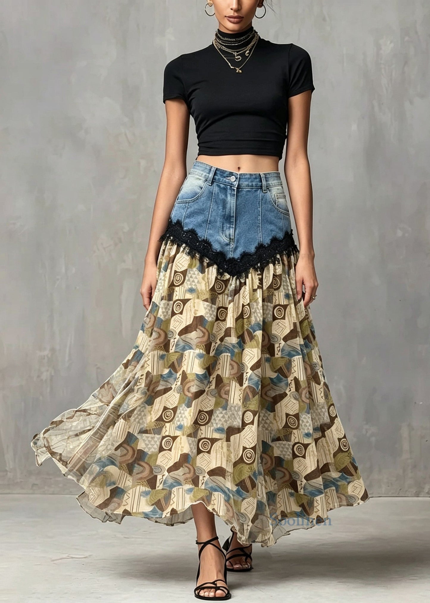 Women Light Brown Print Denim Lace Patchwork Cotton Skirts Summer