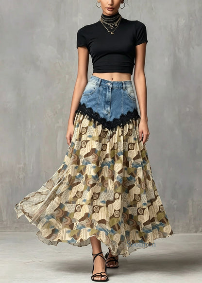 Women Light Brown Print Denim Lace Patchwork Cotton Skirts Summer