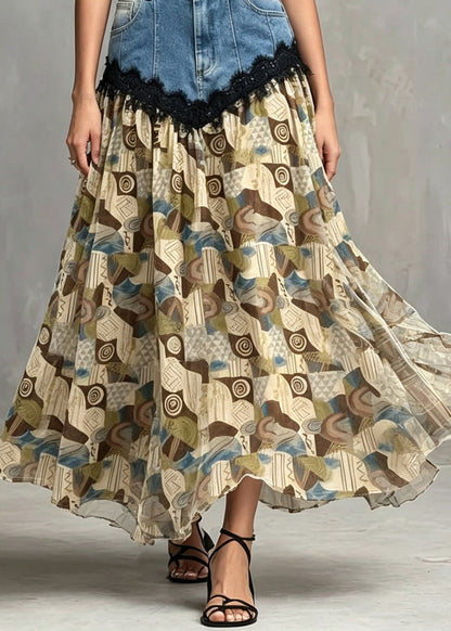 Women Light Brown Print Denim Lace Patchwork Cotton Skirts Summer