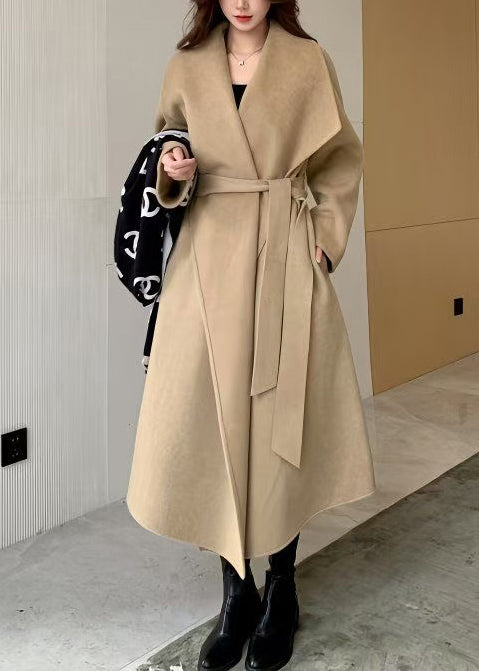 Women Light Camel Peter Pan Collar Tie Waist Woolen Coat Winter