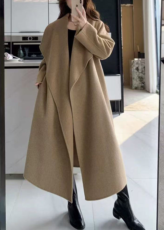 Women Light Camel Peter Pan Collar Tie Waist Woolen Coat Winter