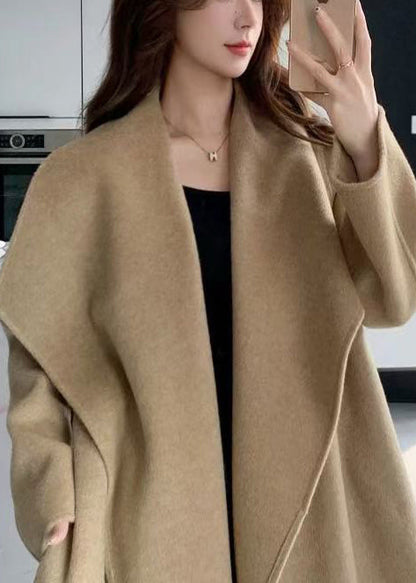 Women Light Camel Peter Pan Collar Tie Waist Woolen Coat Winter