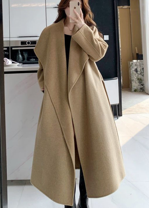 Women Light Camel Peter Pan Collar Tie Waist Woolen Coat Winter