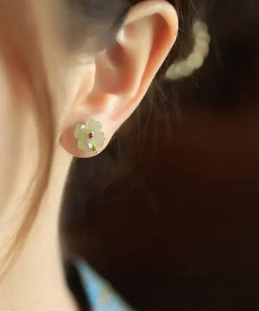 Pendientes de plata de ley verde claro con trébol de cuatro hojas y circonitas de jade para mujer