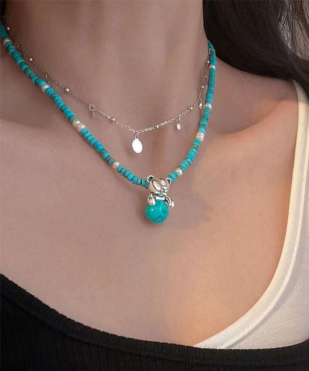 Collar de cuentas graduadas con perlas de plata de ley verde claro para mujer