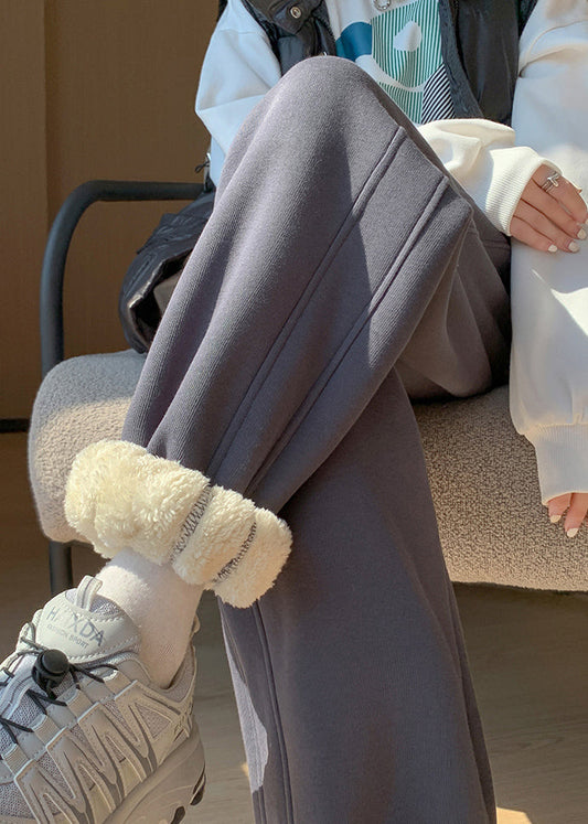 Damen hellgraue Fleecehose mit Taschen, elastischem Bund und warmem Stoff für den Winter