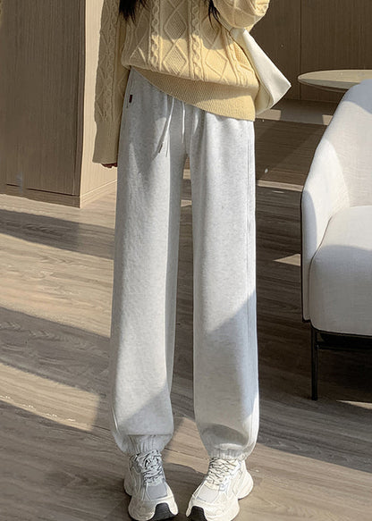 Women Light Grey Pockets Elastic Waist Warm Fleece Beam Pants Winter