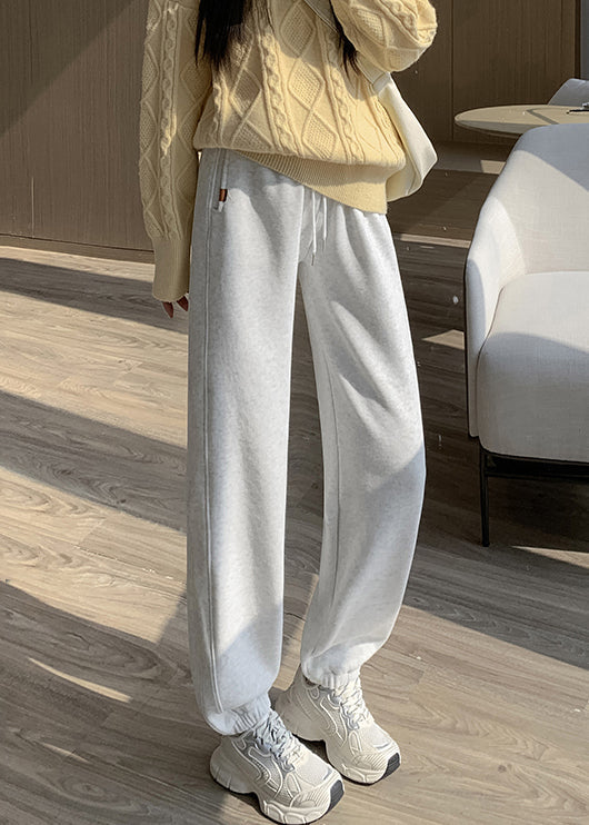 Women Light Grey Pockets Elastic Waist Warm Fleece Beam Pants Winter