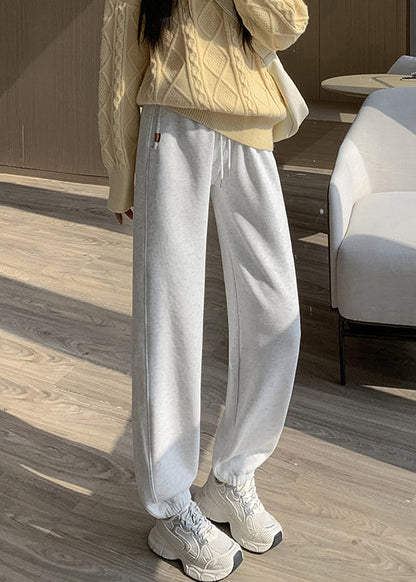 Women Light Grey Pockets Elastic Waist Warm Fleece Beam Pants Winter