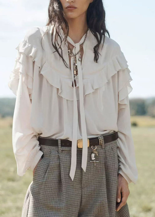 Women Light Pink Oversized Lace Up Ruffled Chiffon Blouses Long Sleeve