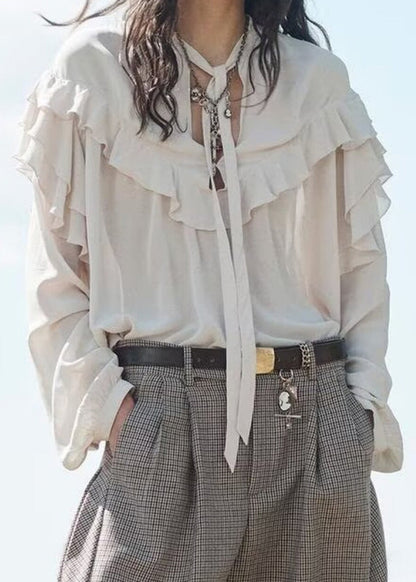 Women Light Pink Oversized Lace Up Ruffled Chiffon Blouses Long Sleeve