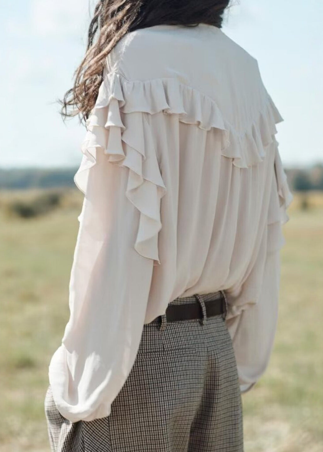 Women Light Pink Oversized Lace Up Ruffled Chiffon Blouses Long Sleeve