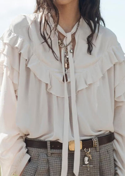 Women Light Pink Oversized Lace Up Ruffled Chiffon Blouses Long Sleeve