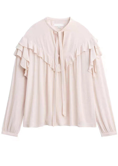 Women Light Pink Oversized Lace Up Ruffled Chiffon Blouses Long Sleeve