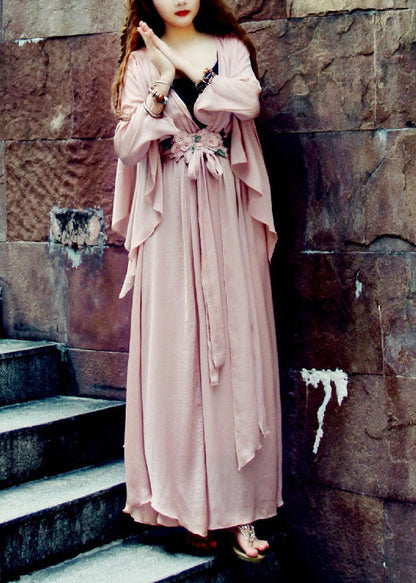 Frauen Hellrosa V-Ausschnitt Asymmetrische Extra Große Saum Seide Strand Cinch Kleid Frühling