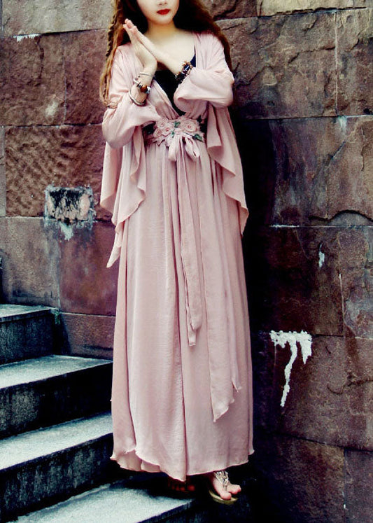 Frauen Hellrosa V-Ausschnitt Asymmetrische Extra Große Saum Seide Strand Cinch Kleid Frühling