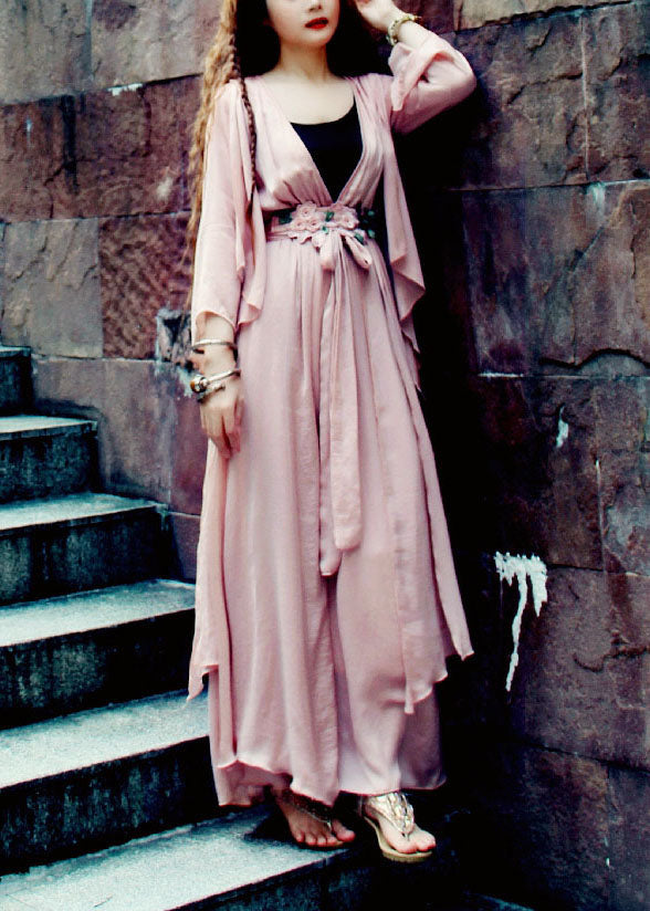 Frauen Hellrosa V-Ausschnitt Asymmetrische Extra Große Saum Seide Strand Cinch Kleid Frühling