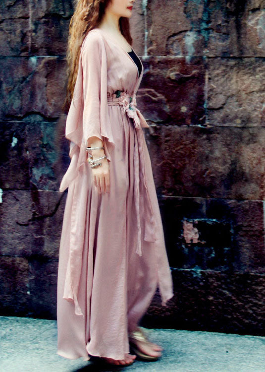 Frauen Hellrosa V-Ausschnitt Asymmetrische Extra Große Saum Seide Strand Cinch Kleid Frühling