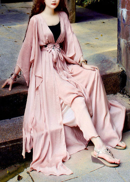 Frauen Hellrosa V-Ausschnitt Asymmetrische Extra Große Saum Seide Strand Cinch Kleid Frühling