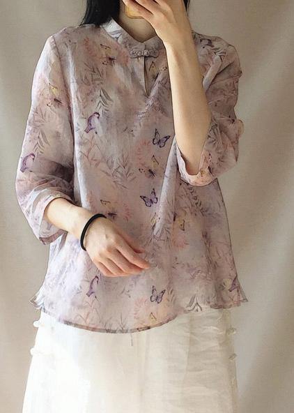 Women Light Purple Butterfly Printing Top Silhouette Stand Collar Midi Top - SooLinen