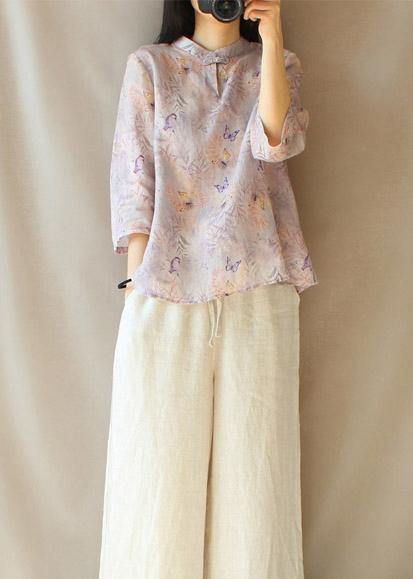 Women Light Purple Butterfly Printing Top Silhouette Stand Collar Midi Top - SooLinen