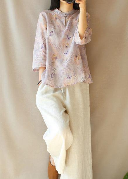 Women Light Purple Butterfly Printing Top Silhouette Stand Collar Midi Top - SooLinen