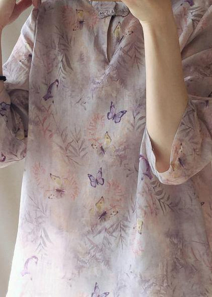 Women Light Purple Butterfly Printing Top Silhouette Stand Collar Midi Top - SooLinen