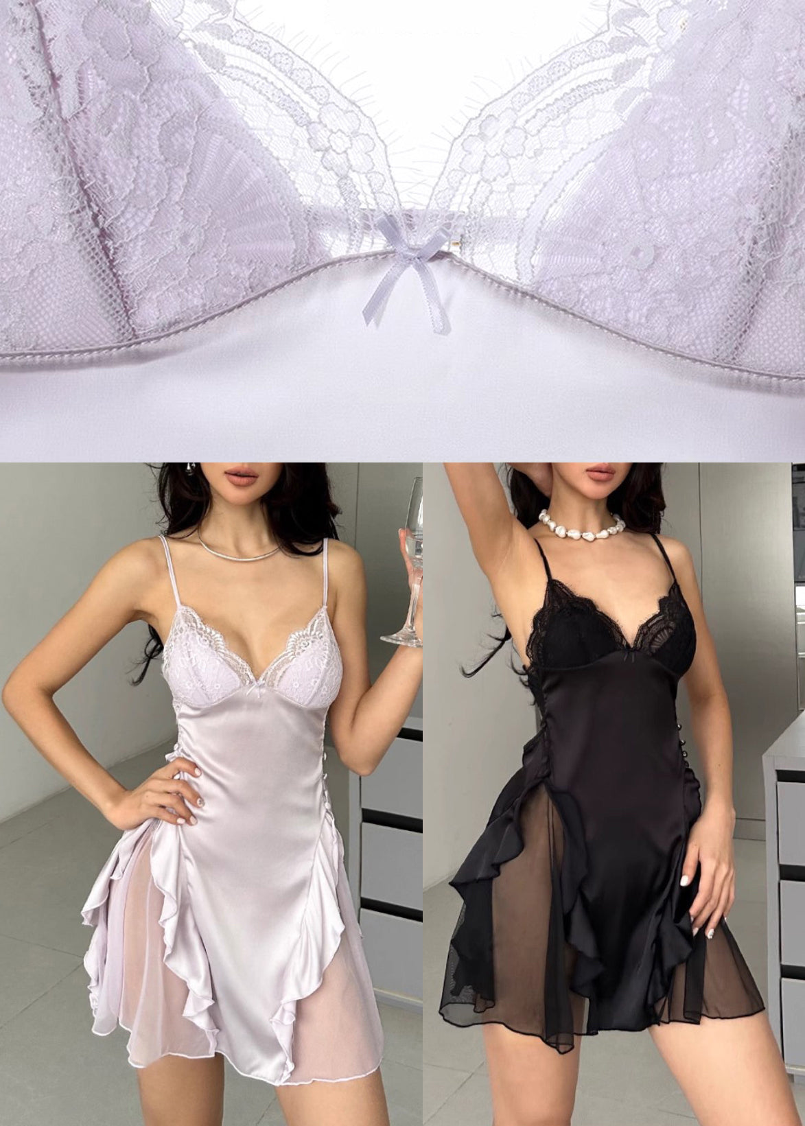 Women Light Purple Patchwork Ruffled Ice Silk Pajama