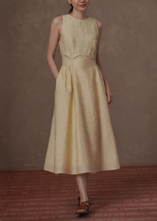 Women Light Yellow Hollow Out Jacquard Dresses Sleeveless