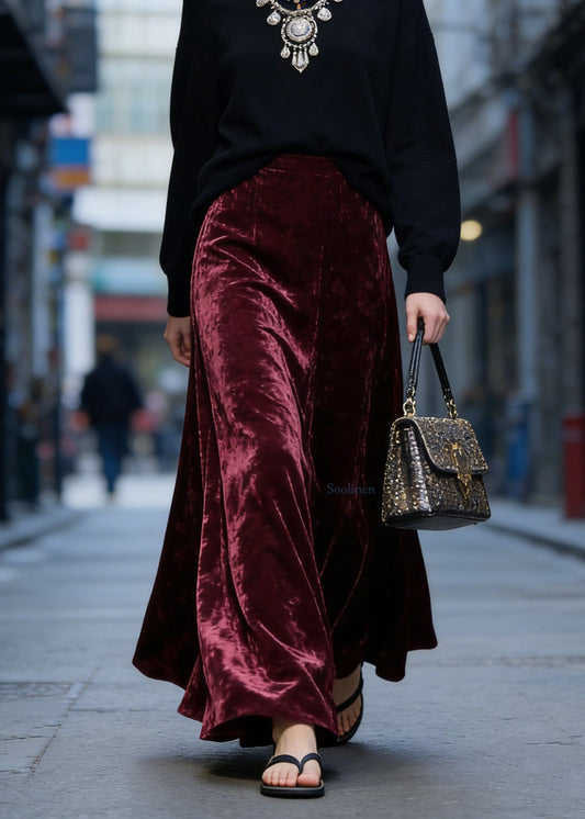 Women Mulberry High Waist Exra Large Hem Velvet Skirt Spring