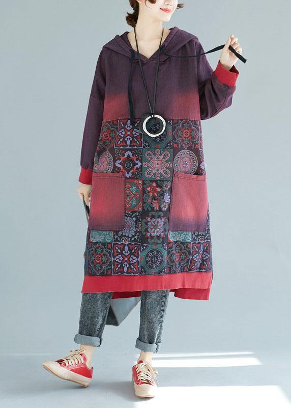 Women Mulberry Hooded Pockets Patchwork Print Fall Sweatshirts Dress - SooLinen