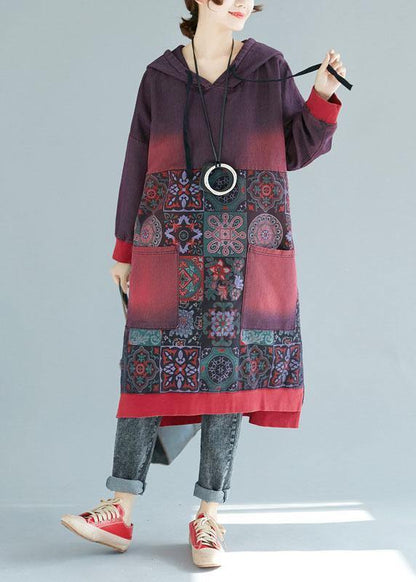 Women Mulberry Hooded Pockets Patchwork Print Fall Sweatshirts Dress - SooLinen