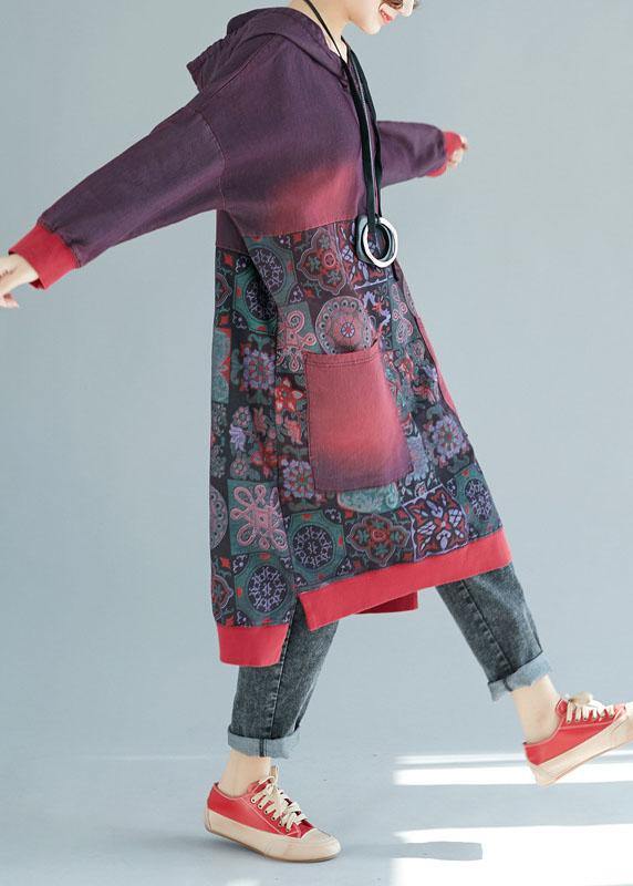 Women Mulberry Hooded Pockets Patchwork Print Fall Sweatshirts Dress - SooLinen
